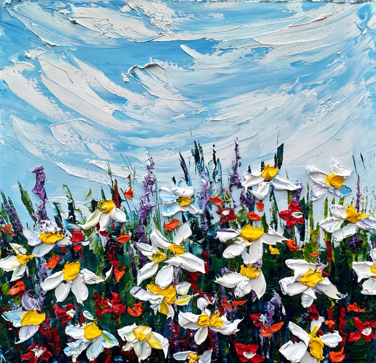 Impressionistic Botanical Oil Painting By Oksana Fedorova, 20 X 20", Wild Flowers Deep Impasto, Original Artwork