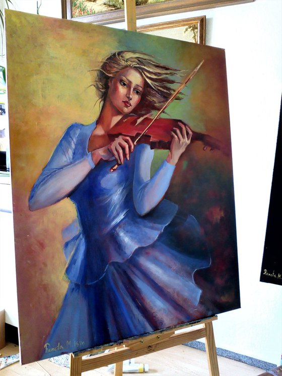 Violinist in a Blue Dress- 80 x 100cm Original Oil Painting