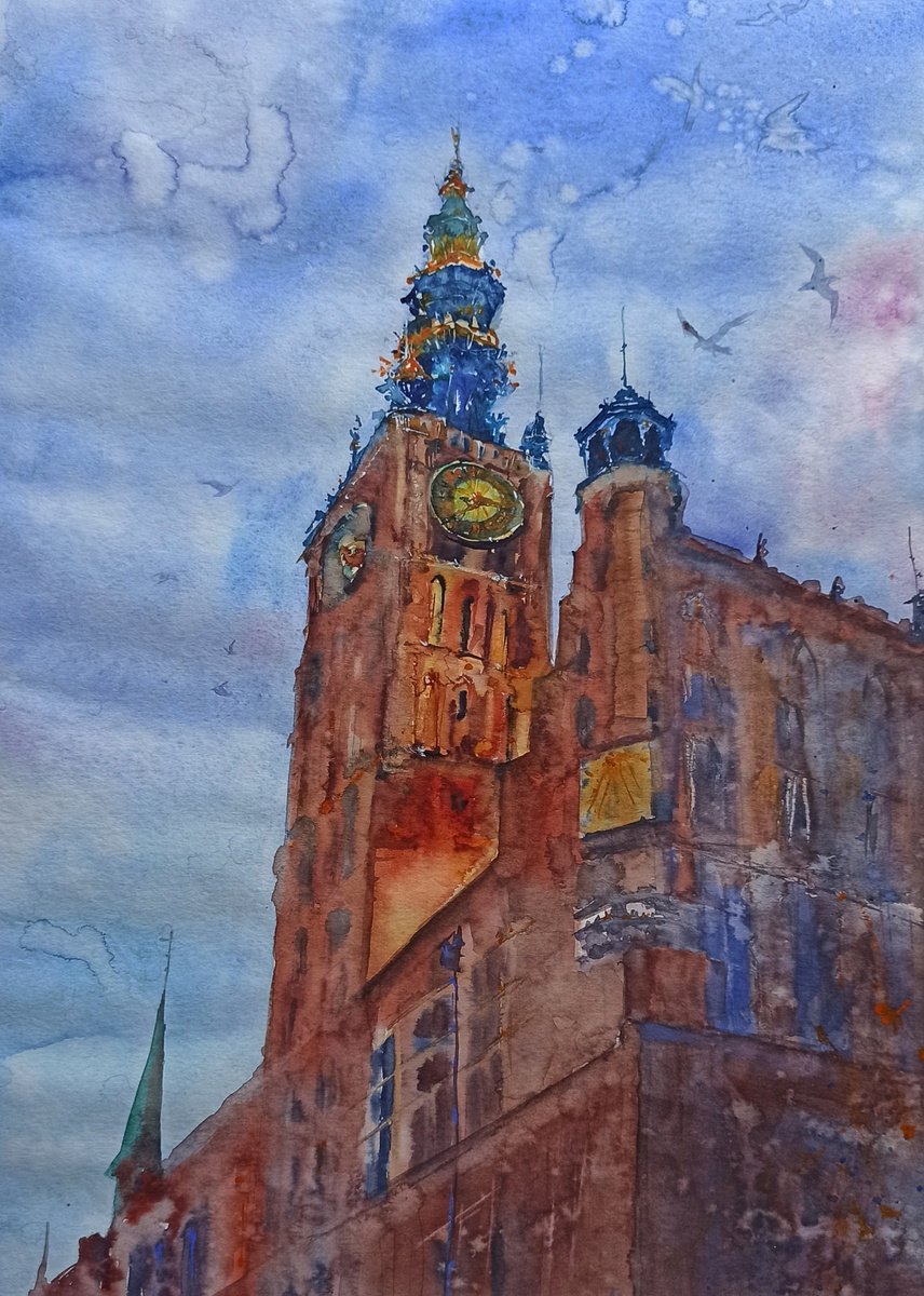 The main town hall - original watercolor painting by Olena Koliesnik