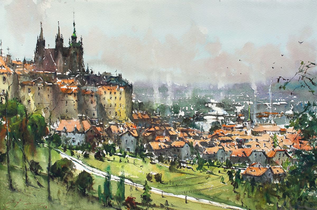 Impressionistic Watercolour , Praha Overview By Maximo Damico, 22 X 15, Artwork For Sale On Artfinder