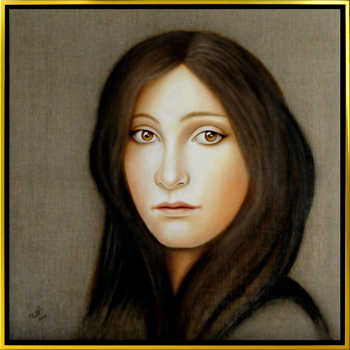 Oil portrait on a visible linen 100A100 cm by Waldemar Kaliczak