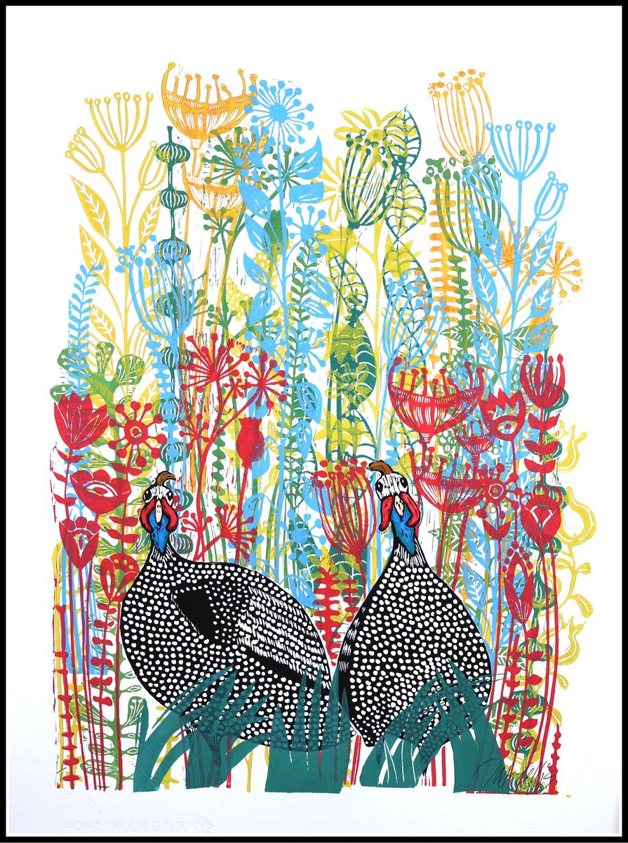 Animal Linocut By Mariann Johansen-Ellis, 20 X 27", Guineahens In The Wildflowers, Original Artwork