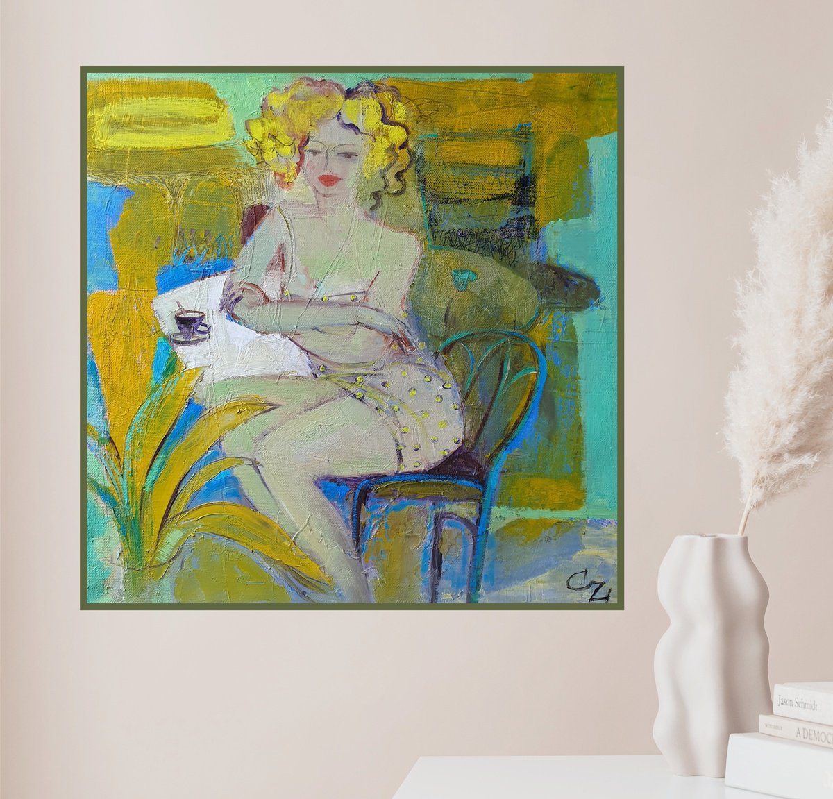 Impressionistic Portrait Oil Painting By Victoria Cozmolici, 20 X 20", Morning Coffee, Original Artwork