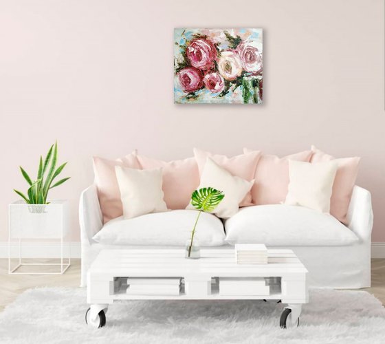 Pink Roses Painting Abstract Floral Original Art Impasto Flower Artwork, 70x60 cm, ready to hang.