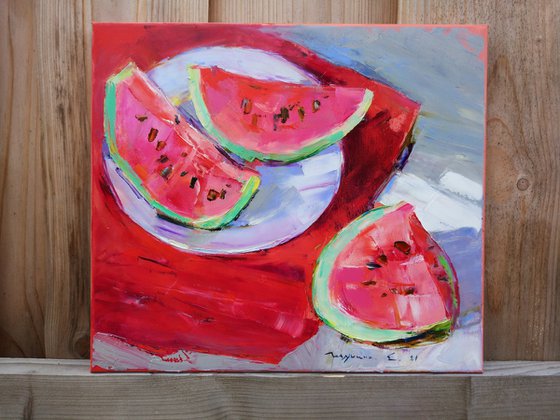 Watermelon . Summer Still Life . Original Oil Painting
