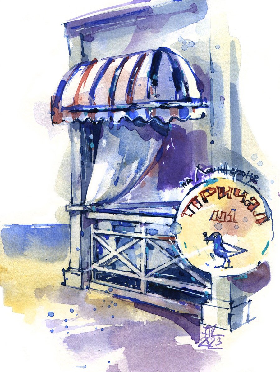 Original watercolor architectural sketch Beach cafe. Memories from a trip by Ksenia Selianko