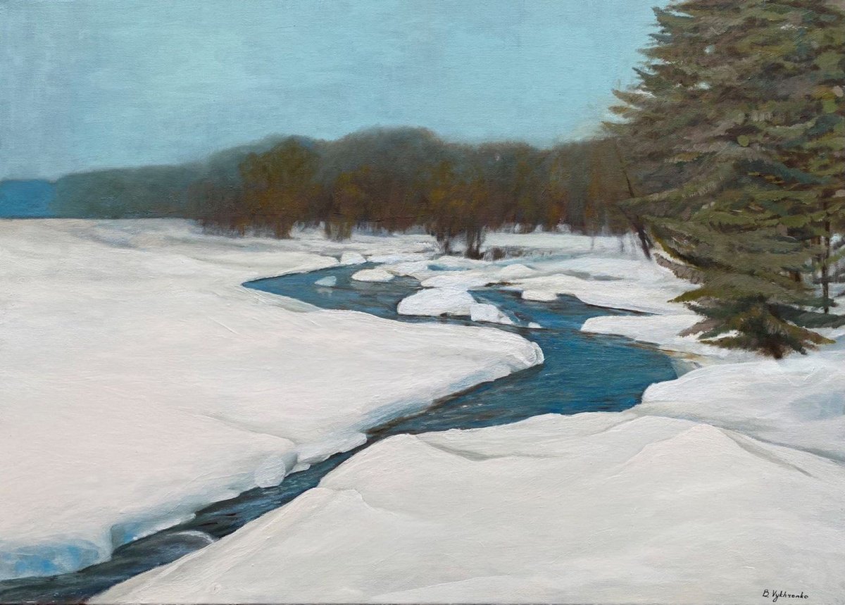 Impressionistic Landscape Oil Painting By Bohdan Vykhrenko, 28 X 20, Winter River, Original Artwork