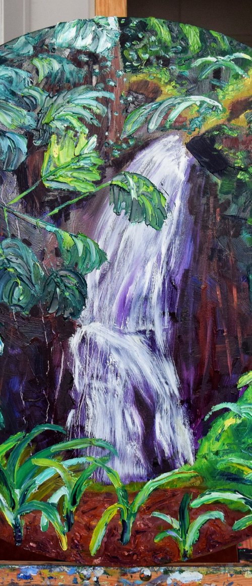 Tropical Round Oil Painting, Waterfall Large Original Canvas Art, Monstera Wall Art by Kate Grishakova