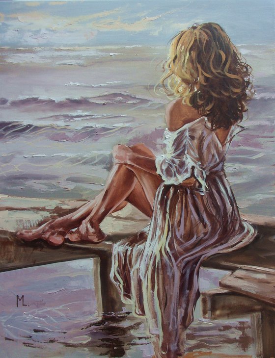 " WOMAN SITTING BY THE LAKE IN LIGHT "