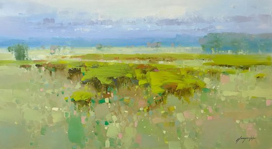 Spring Field, Landscape Original oil painting, One of a kind Signed