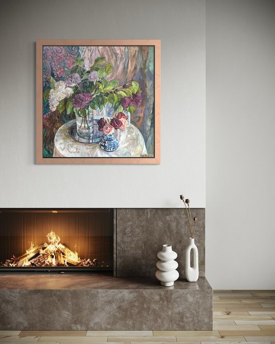 Spring still life with ornamental fabric