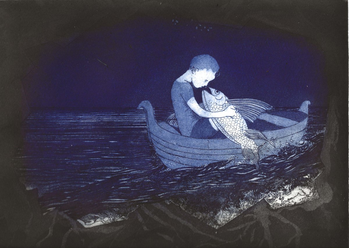 Surrealistic Portrait Etchings & Engravings By Jane Daniell, 12 X 9, A Friend Indeed (Blue), Original Artwork