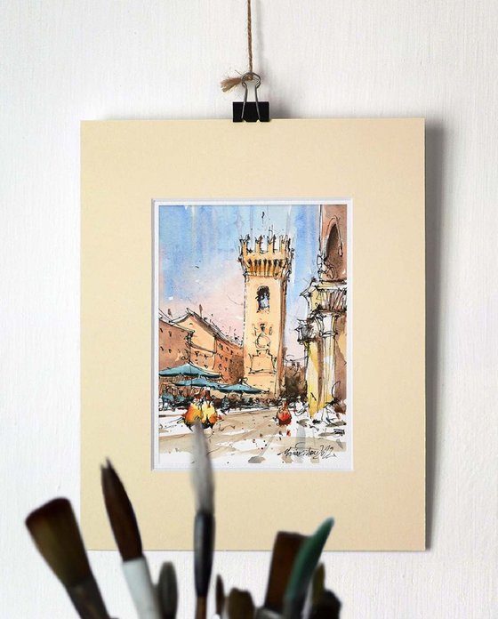 Italian town urban sketch,Original ink and watercolor painting sketch on paper, 2022