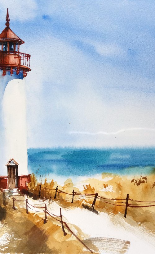 "Seascape with a lighthouse, summer sunny day" original watercolor artwork by Ksenia Selianko
