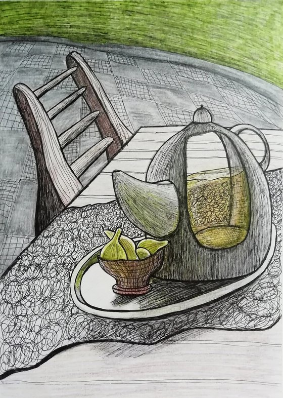 A weird teapot and small green pears.