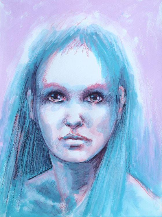 The girl with blue hair - mixed media on paper - 36X48 cm