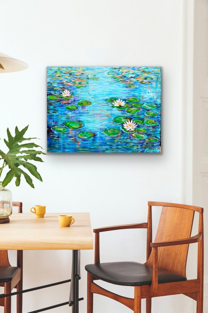 Impressionistic Landscape Oil Painting By Pooja Verma, 20 X 16", Blue Pond And The Waterlilies, Original Artwork