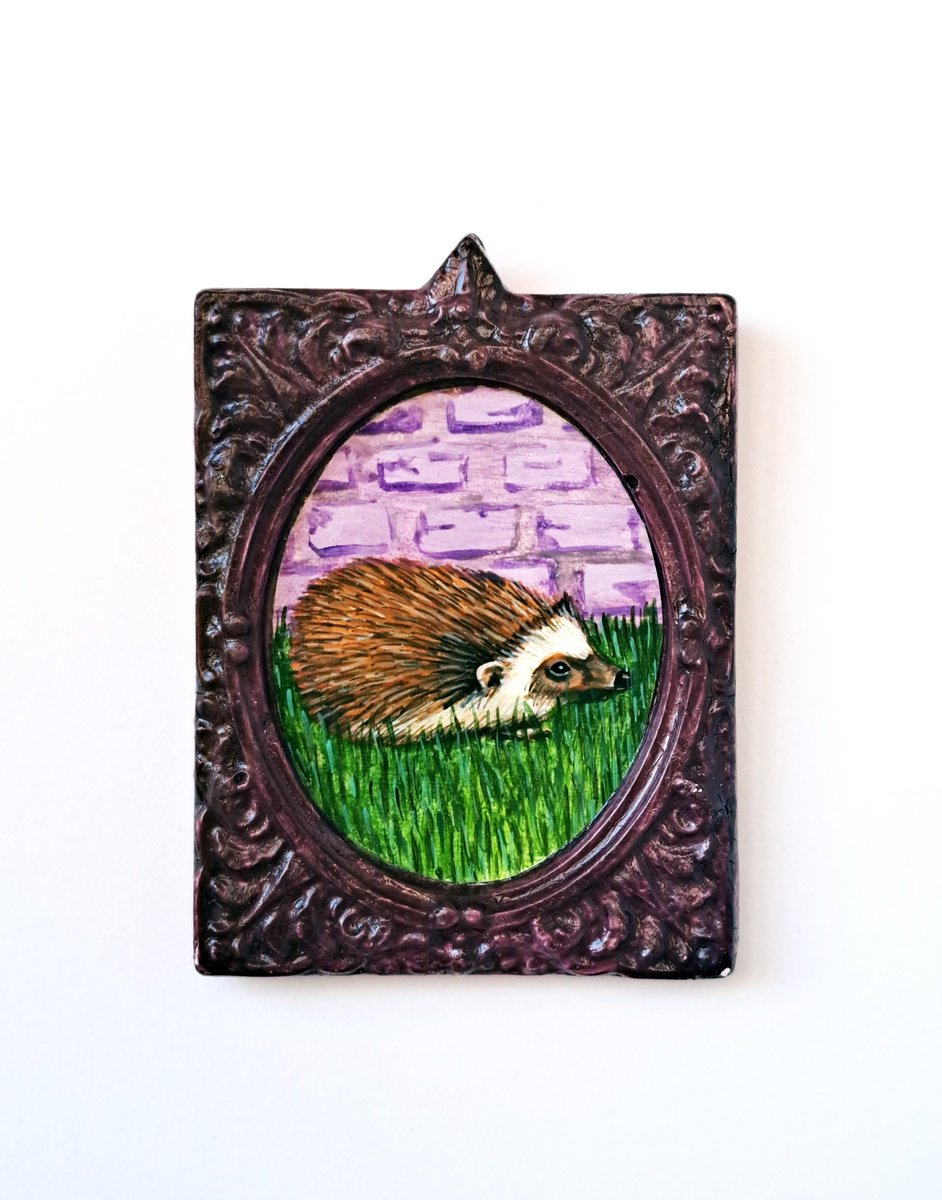 Hedgehog, part of framed animal miniature series festum animalium by Andromachi Giannopoulou