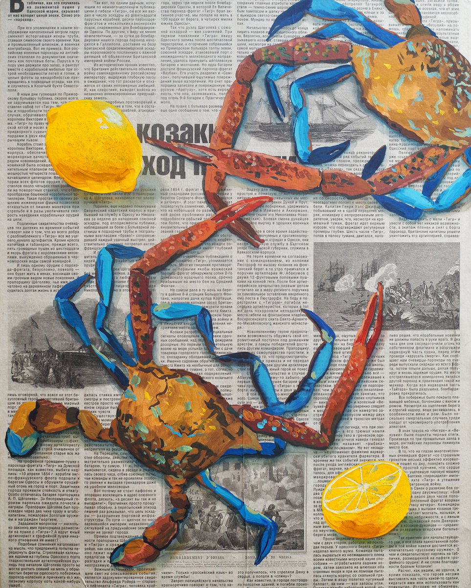 Illustrative Still Life Painting By Delnara El, 19 X 22, Crabs On The Newspaper, Original Artwork