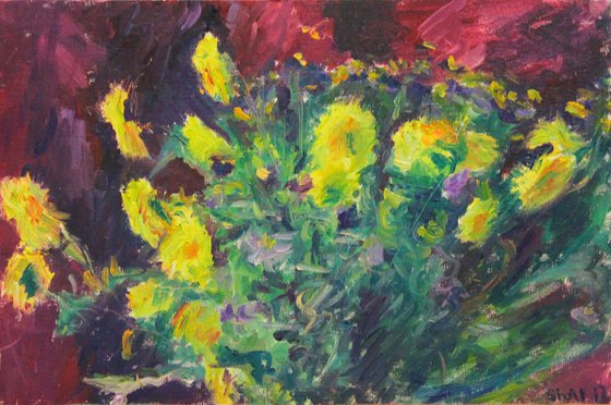 Yellow chrysanthemums on a background of crimson curtains. Oil on MDF.30X20 cm.