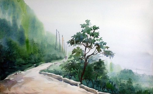 Lonly Himalaya Mountain Road - Watercolor Painting by Samiran Sarkar
