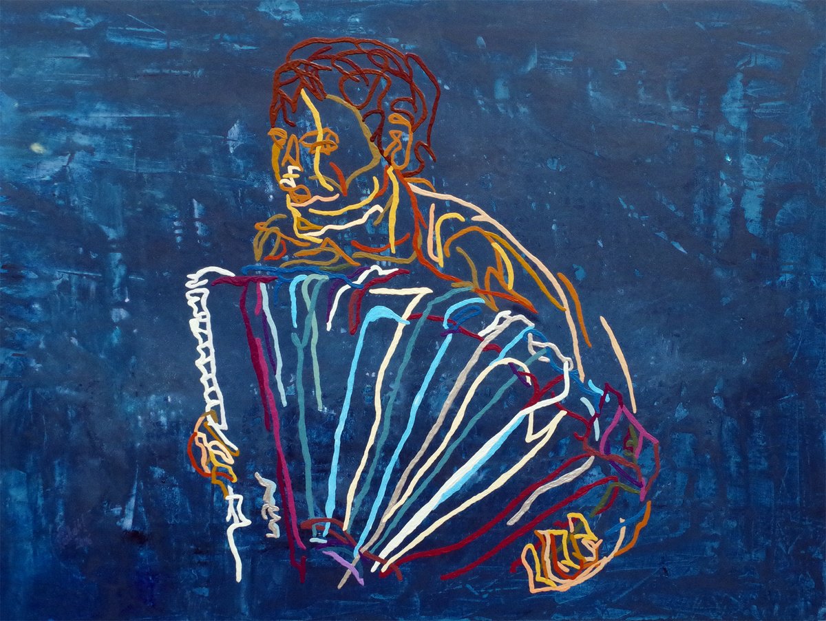 Expressive Portrait Acrylic Painting By Uli Lachelt, 55 X 41", Xx 32 - Accordion Player, Original Artwork