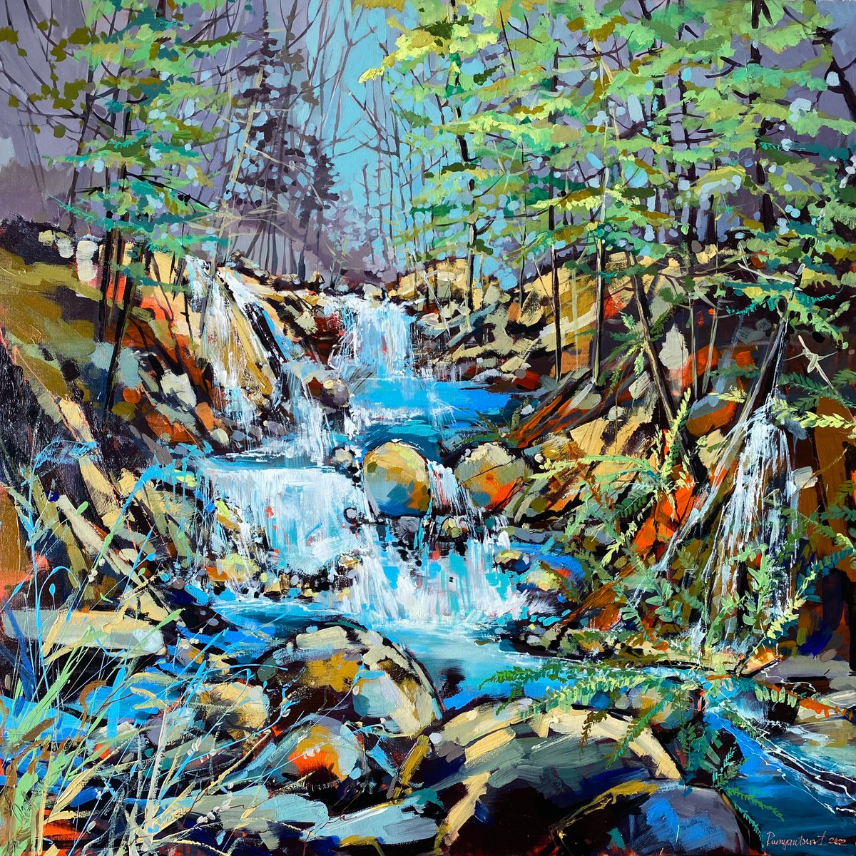 Impressionistic Landscape Acrylic Painting By Irina Rumyantseva, 40 X 40, River Falls, Original Artwork
