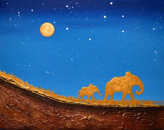 original abstract landscape "Golden elephants in Starlight Valley" gold africa animal elephant painting art canvas - 16 x 20"