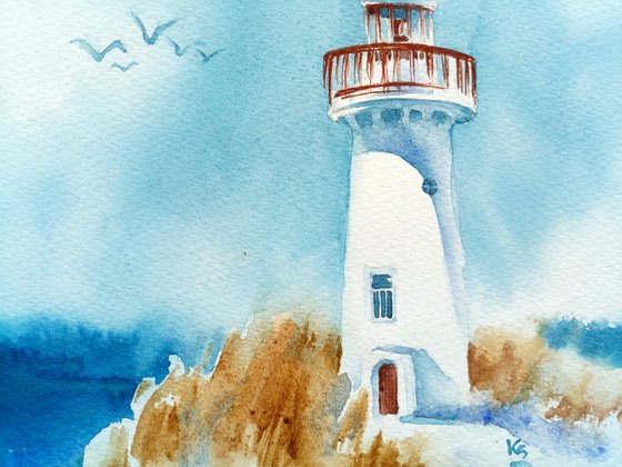 Architectural seascape "Lighthouse" small original watercolor artwork in square format
