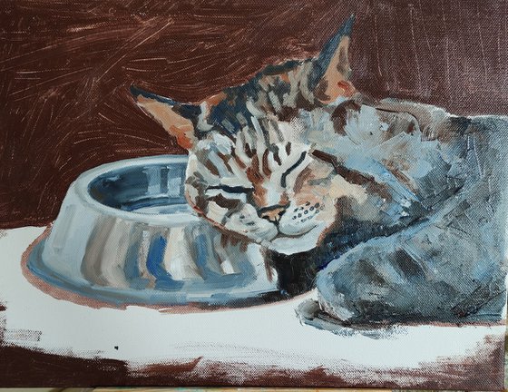 Night Watch, Cat Oil Painting Maine Coon Original Art Funny Sleeping Cat Artwork Pet Portrait Wall Art 40x30 cm