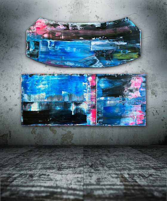 Sturm Und Drang - Original PMS Abstract Acrylic Painting Diptych On Recycled Wood and Wooden Desk Panels - 48" x 40"