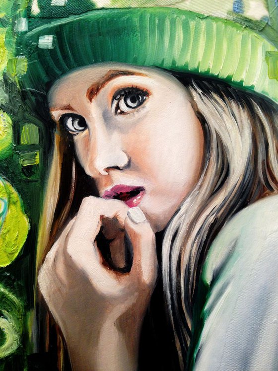 Green hat - original painting  portrait- 40 x 40 cm (16'x16')