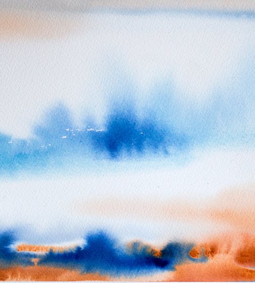 Abstraction landscape. Blue and orange. Cold and warm. Interior gallery wall white watercolor acuarelle organic gift idea medium size by Sasha Romm