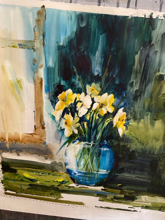 Watercolor “Still life with daffodils” perfect gift