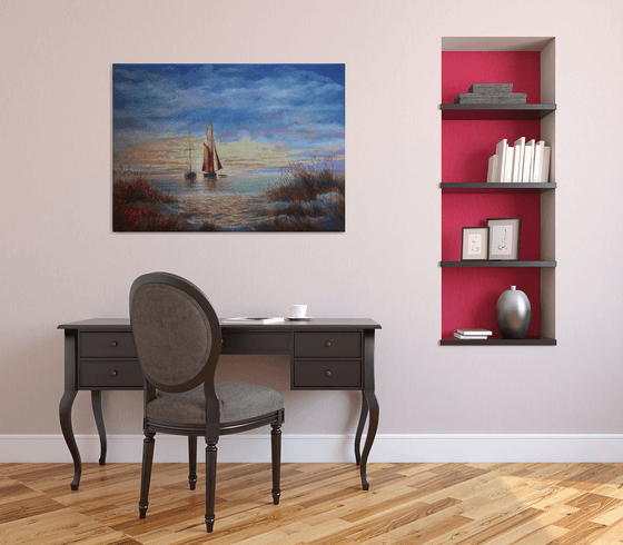 Sunrise in the Bay:linen, oil, 79x109