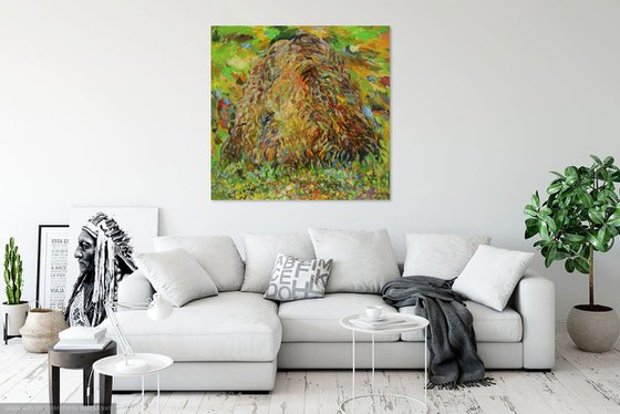 HAYSTACK. EARLY MORNING -  XL large landscape art, original oil painting, village countryside summer art green brown nature impressionism art office interior home decore 150x150 cm