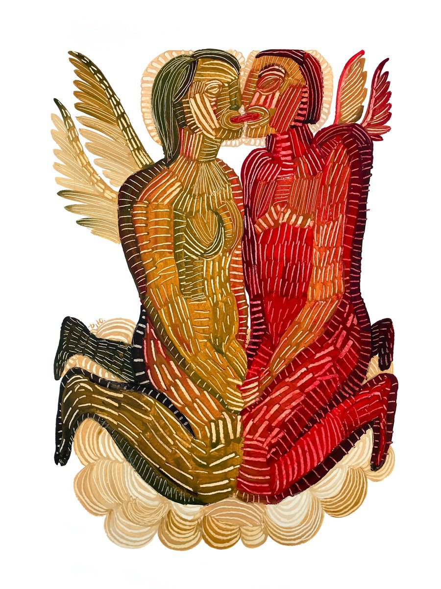 Naive Portrait Watercolour By Yuliia Dunaieva, 12 X 16", Kiss, Original Artwork