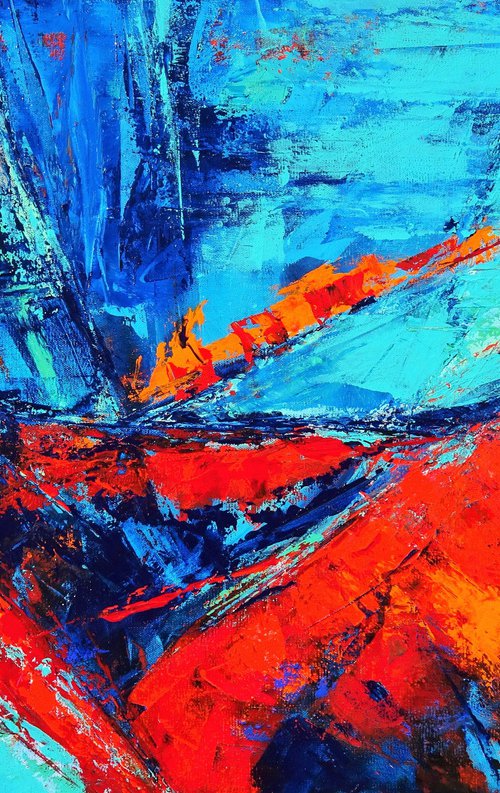 MOMENTS IN TIME I. Teal, Blue, Aqua, Navy, Red Contemporary Abstract Painting with Texture by Sveta Osborne