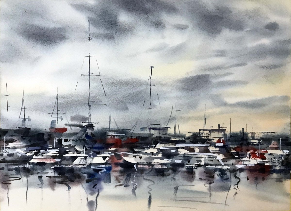 Impressionistic Landscape Watercolour By Galina Poloz, 16 X 12, Boats., Original Artwork