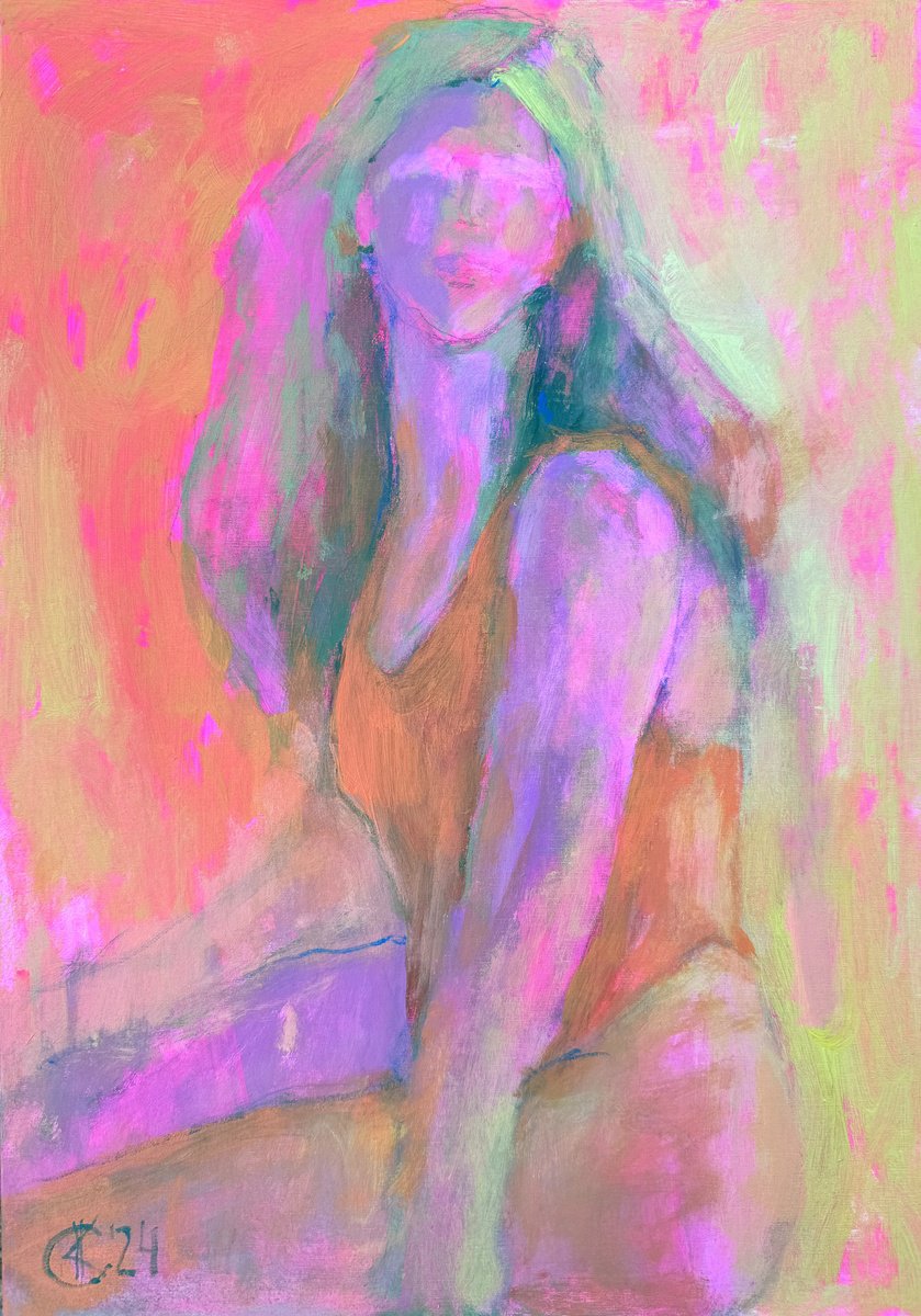 Expressive Portrait Acrylic Painting By Ksenia Kozhakhanova, 14 X 20", ?2 "Summer Time", Original Artwork