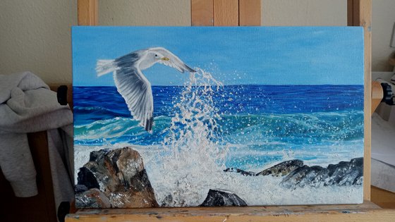 Seagull Over Waves