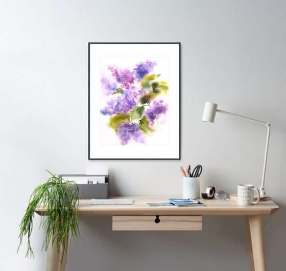Lilac bouquet, impressionist watercolor flowers