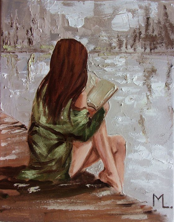 " BOOK LOVER ... X " original painting sea summer palette knife GIFT brown