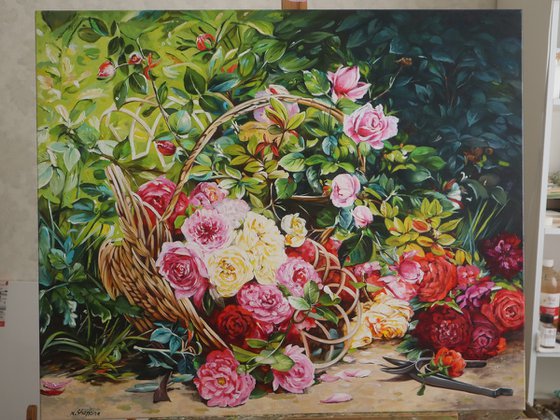 Garden Roses in a Basket