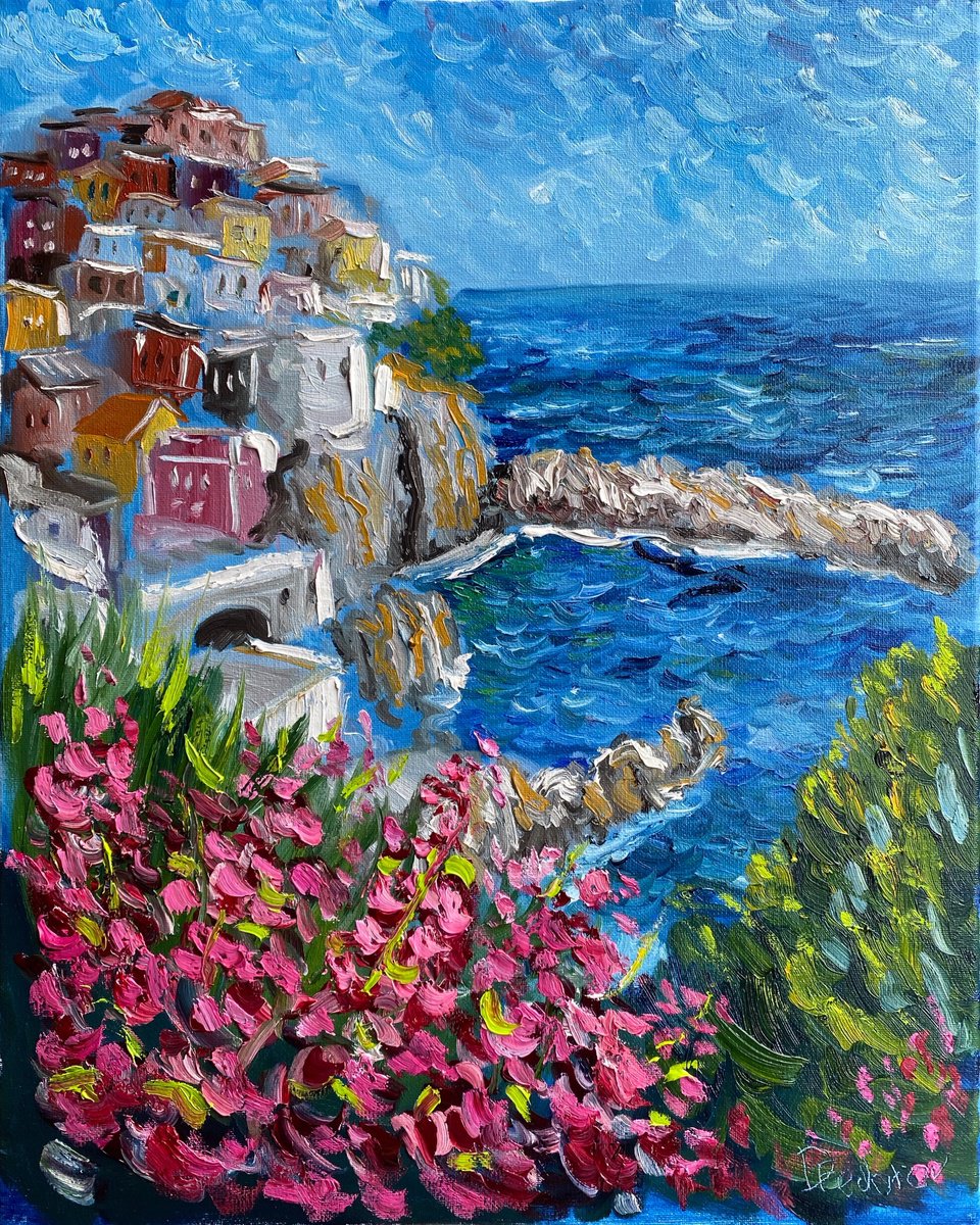 Impressionistic Cityscapes Oil Painting By Dmitry Fedorov, 16 X 20, Riomaggiore Cinque Terre, Original Artwork