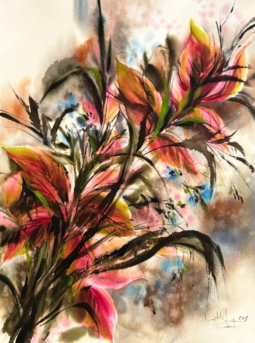 Impressionistic Botanical Watercolour By Sophie Rodionov, 18 X 24", Pink Leaves, Original Artwork