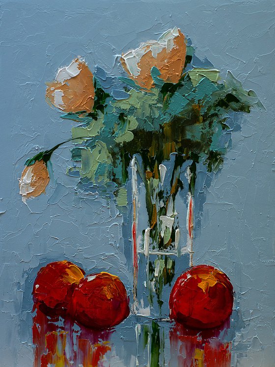 Abstract still life oil painting with flowers in vase