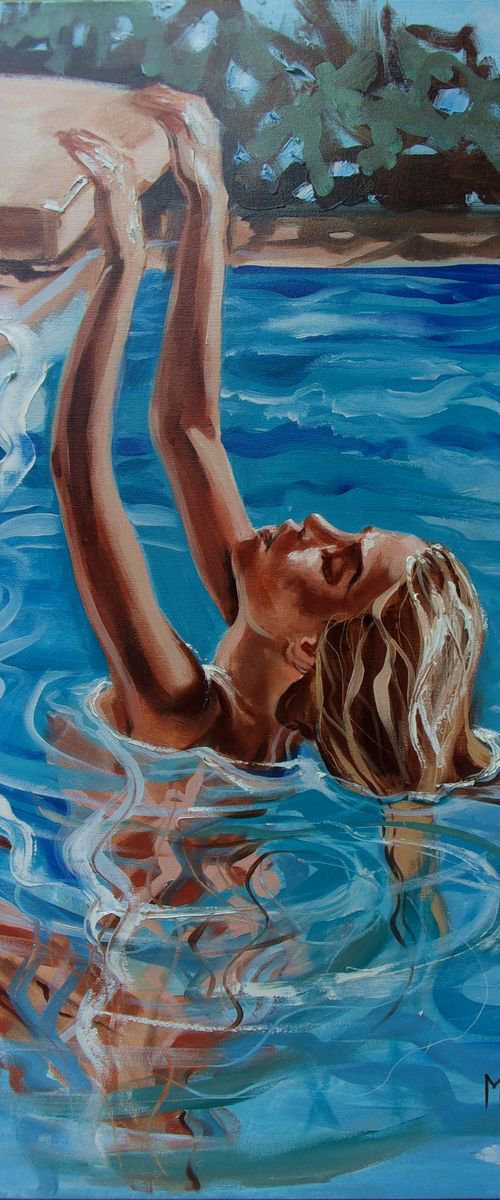 " SWIMMING POOL " SEA original painting palette knife GIFT MODERN URBAN ART OFFICE ART DECOR HOME DECOR GIFT IDEA by Monika Luniak