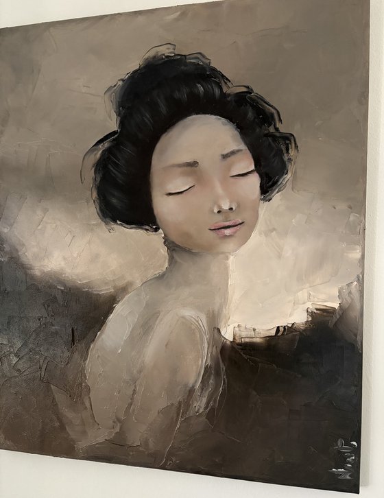 Abstract Geisha Portrait impasto brown tones