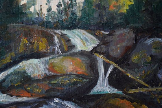 Oil painting Waterfall in High Tatras, Slovakia